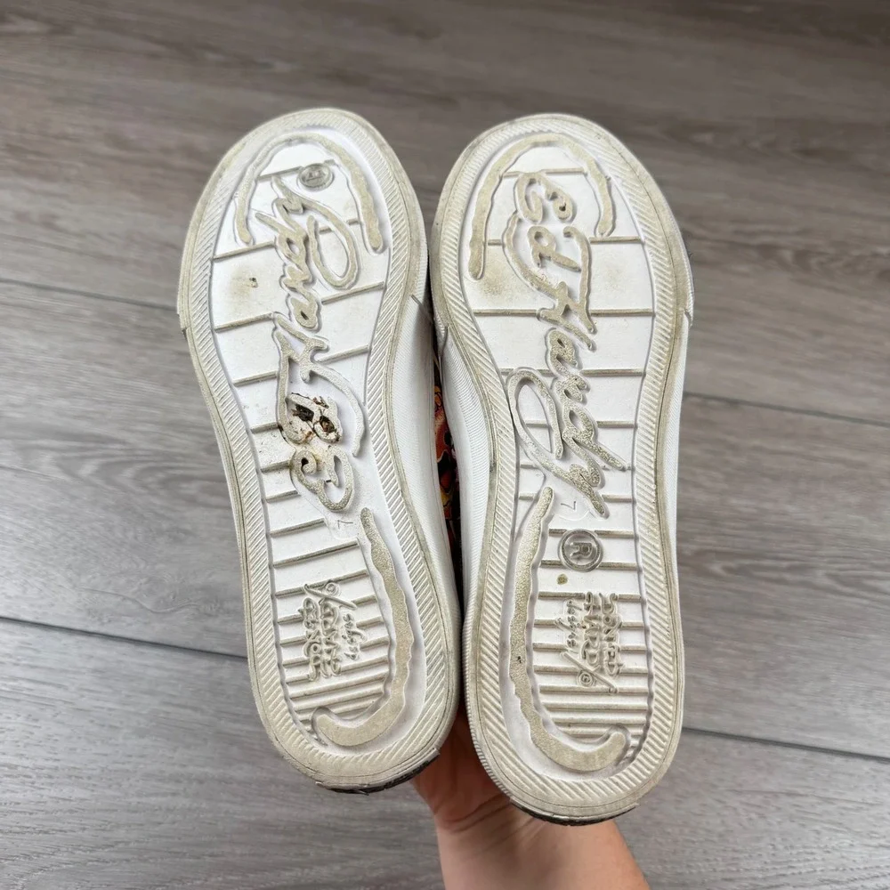 Ed Hardy Women Sneaker Slip On Tattoo Graphic Skull Peace White Multi Size 7